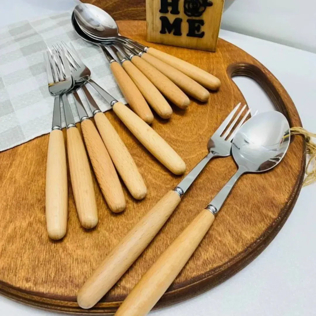 قاشق وچنگال استیل دسته چوبی